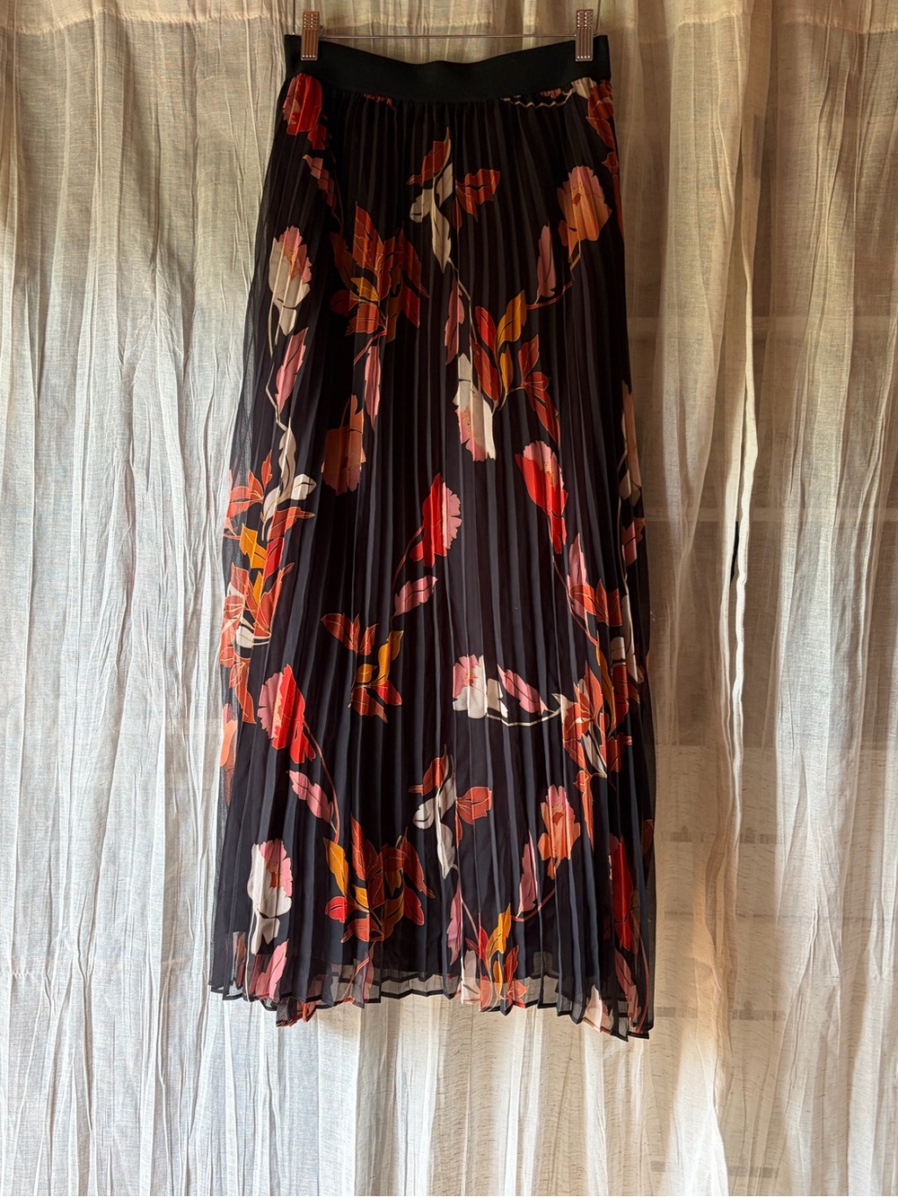 Molly Bracken Black Pleated Maxi Skirt with Red, Pink & Orange Floral Print